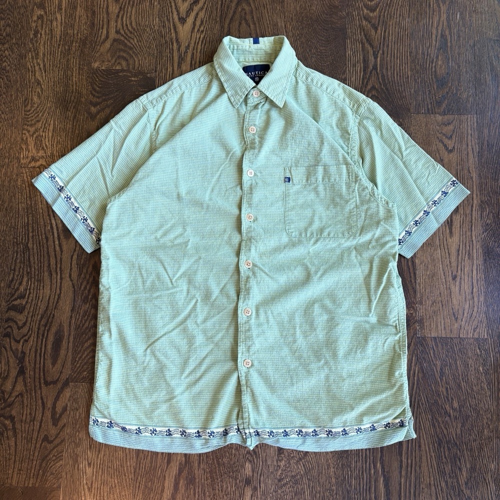 Vtg Nautica Jeans Co Men M Green Stripe Border Trim Casual Button Shirt Summer